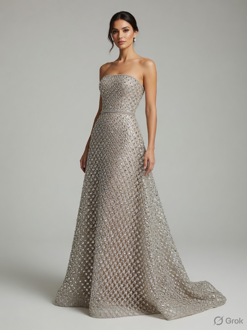 Silver crystal mesh as a gown