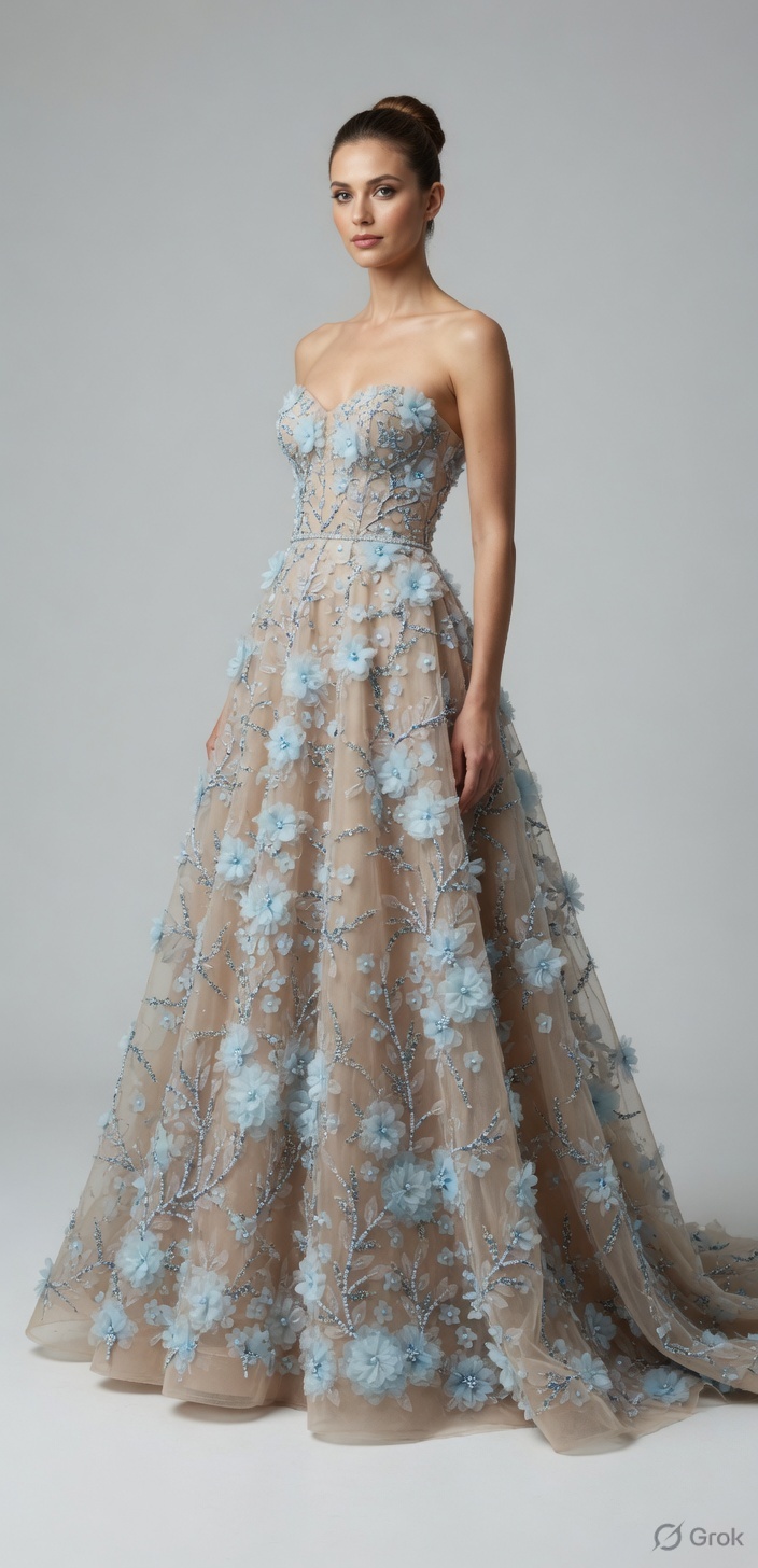 Ice-blue floral as a gown