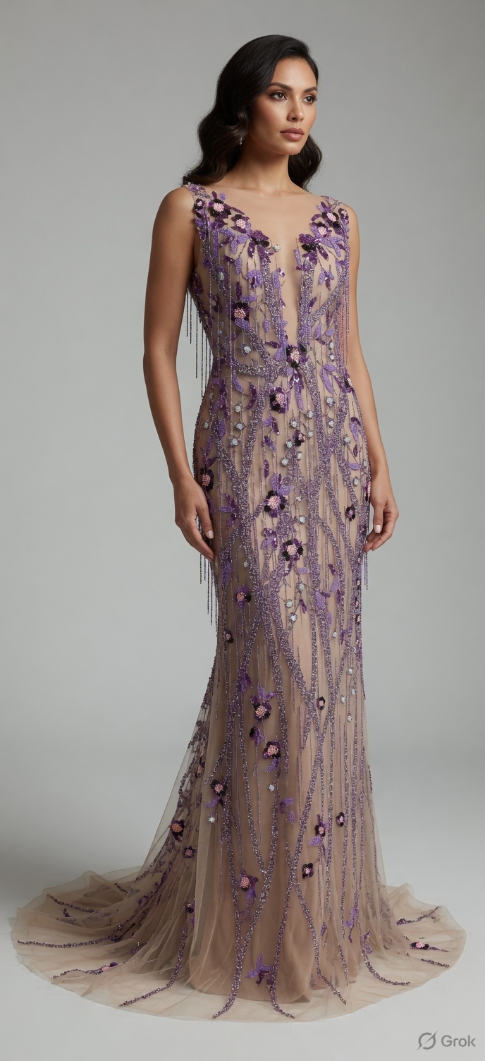 Purple floral panel as a gown